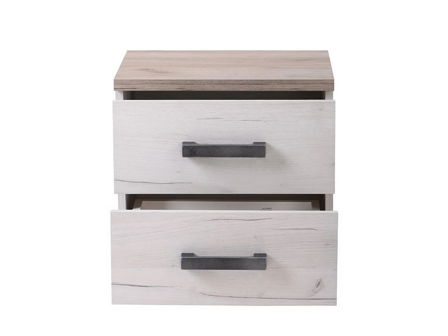 Comodino Roncello, 2 Cassetti, 45x34x43h cm Bianco Larice, un Ripiano, Apertura Scorrevole