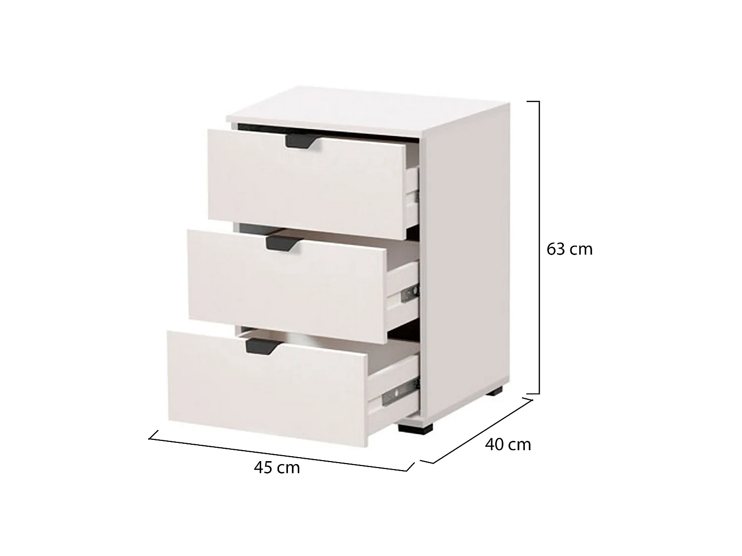 Comodino Talana, un Ripiano, 45x40x63h cm Bianco, 3 Cassetti, Apertura Scorrevole