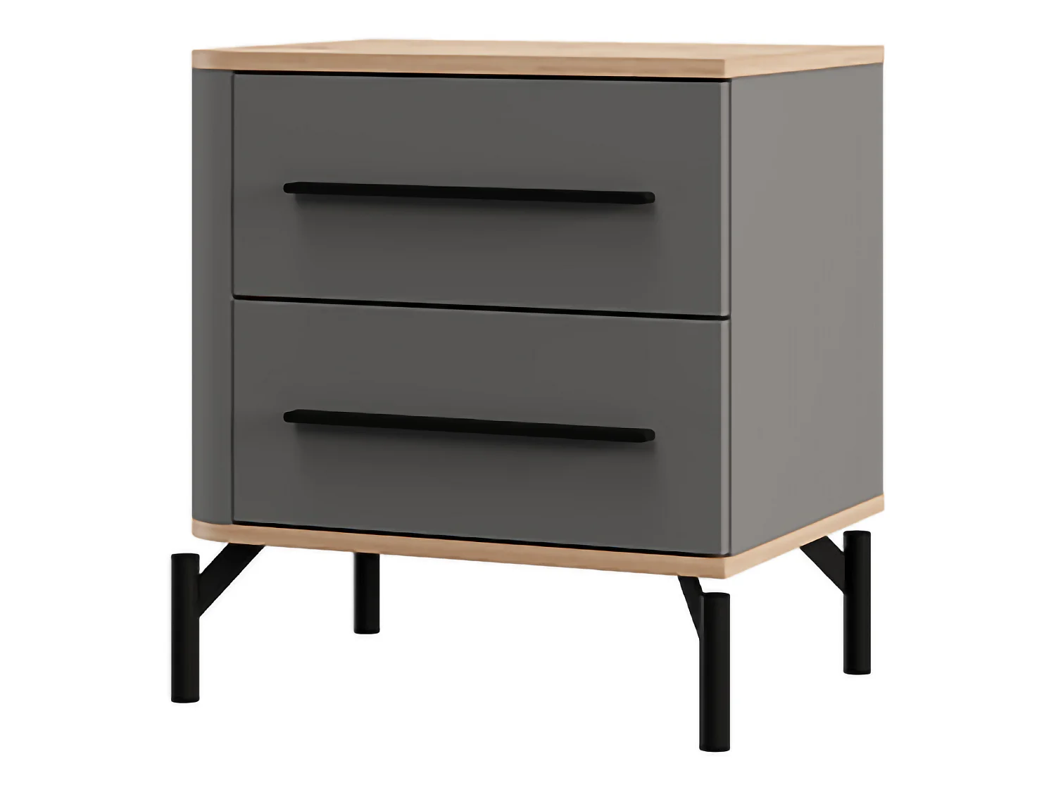 Table de chevet Ojai, 2 tiroirs, 52x40x56h cm Noir Anthracite, 1 étagère, ouverture coulissante