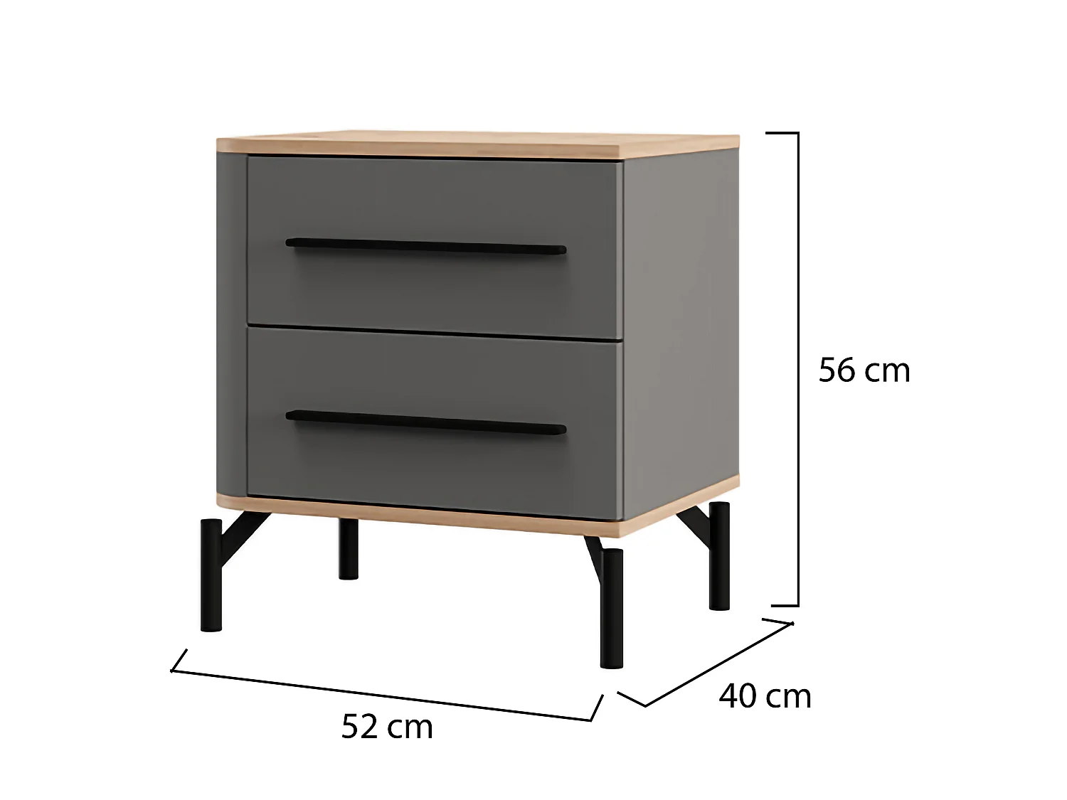 Table de chevet Ojai, 2 tiroirs, 52x40x56h cm Noir Anthracite, 1 étagère, ouverture coulissante