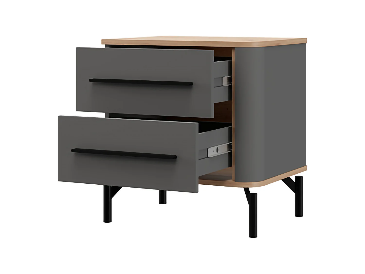 Table de chevet Ojai, 2 tiroirs, 52x40x56h cm Noir Anthracite, 1 étagère, ouverture coulissante