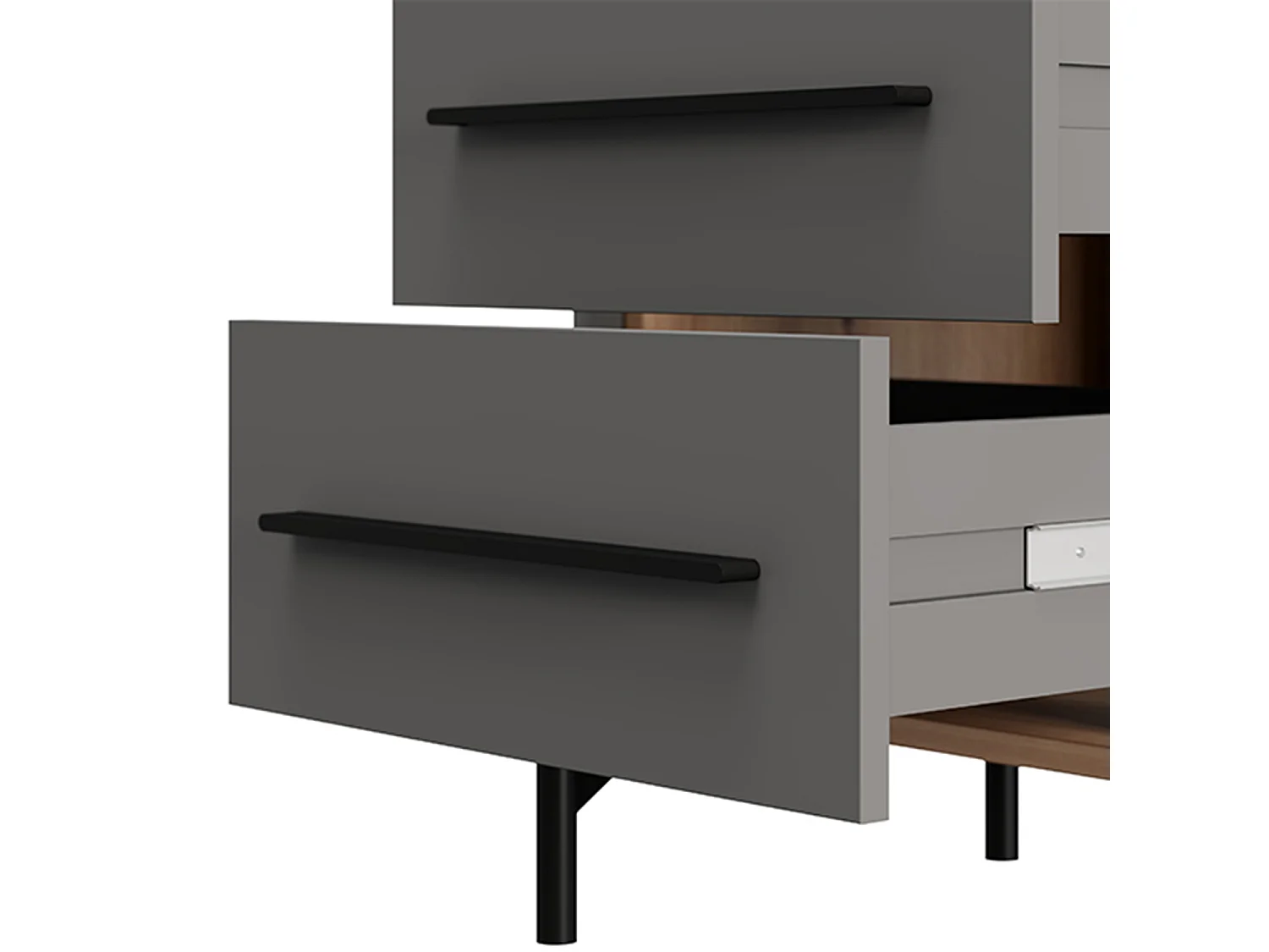 Table de chevet Ojai, 2 tiroirs, 52x40x56h cm Noir Anthracite, 1 étagère, ouverture coulissante