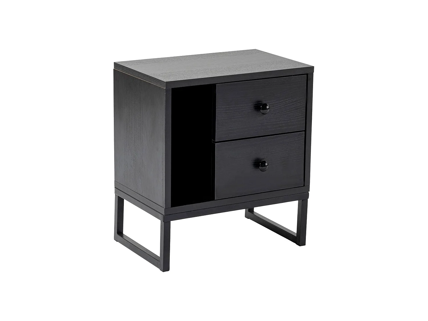 Mesa de cabeceira Rhiannon, 2 gavetas, 45x30x50h cm preta, uma prateleira, abertura deslizante