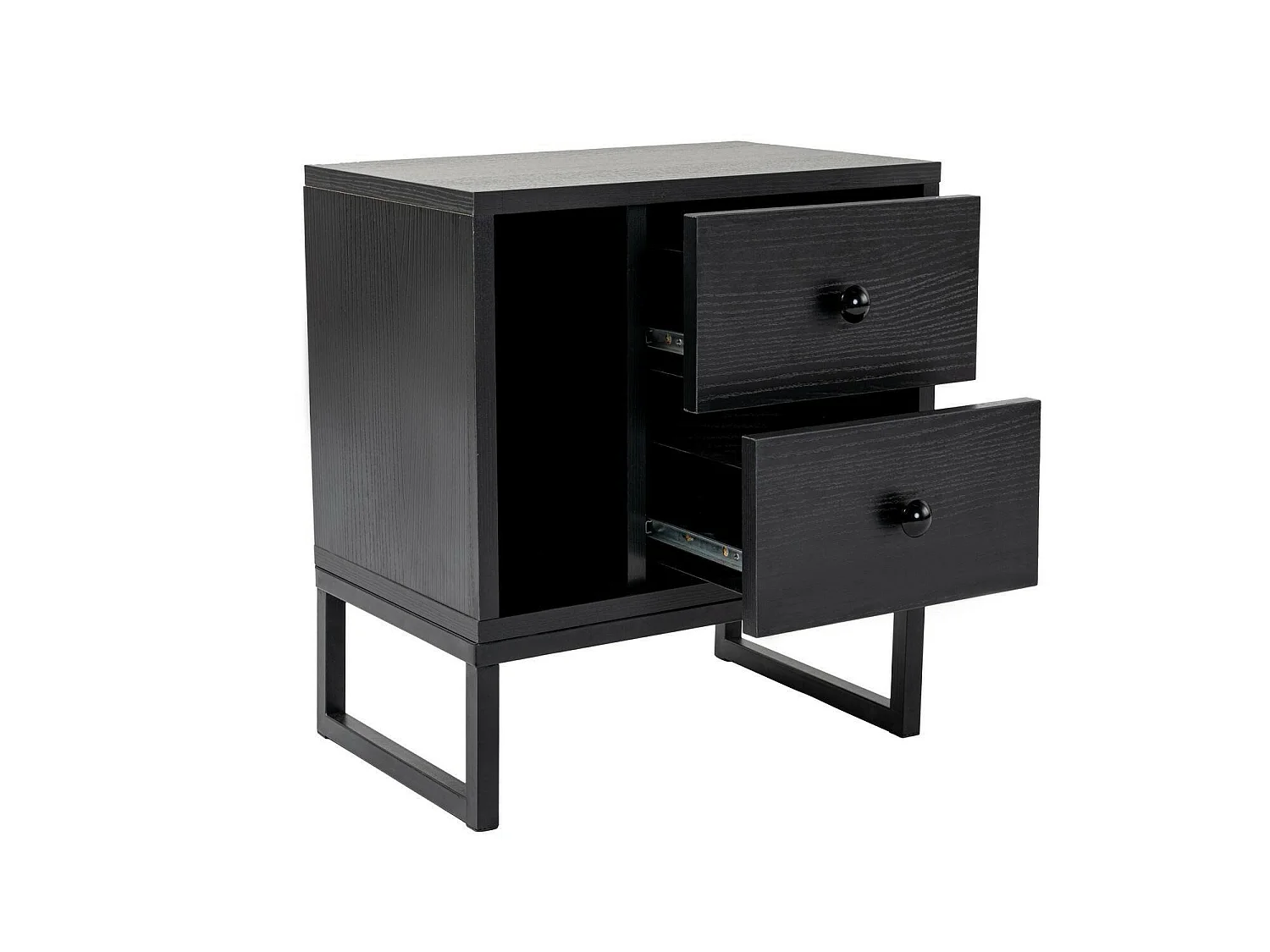 Mesa de cabeceira Rhiannon, 2 gavetas, 45x30x50h cm preta, uma prateleira, abertura deslizante
