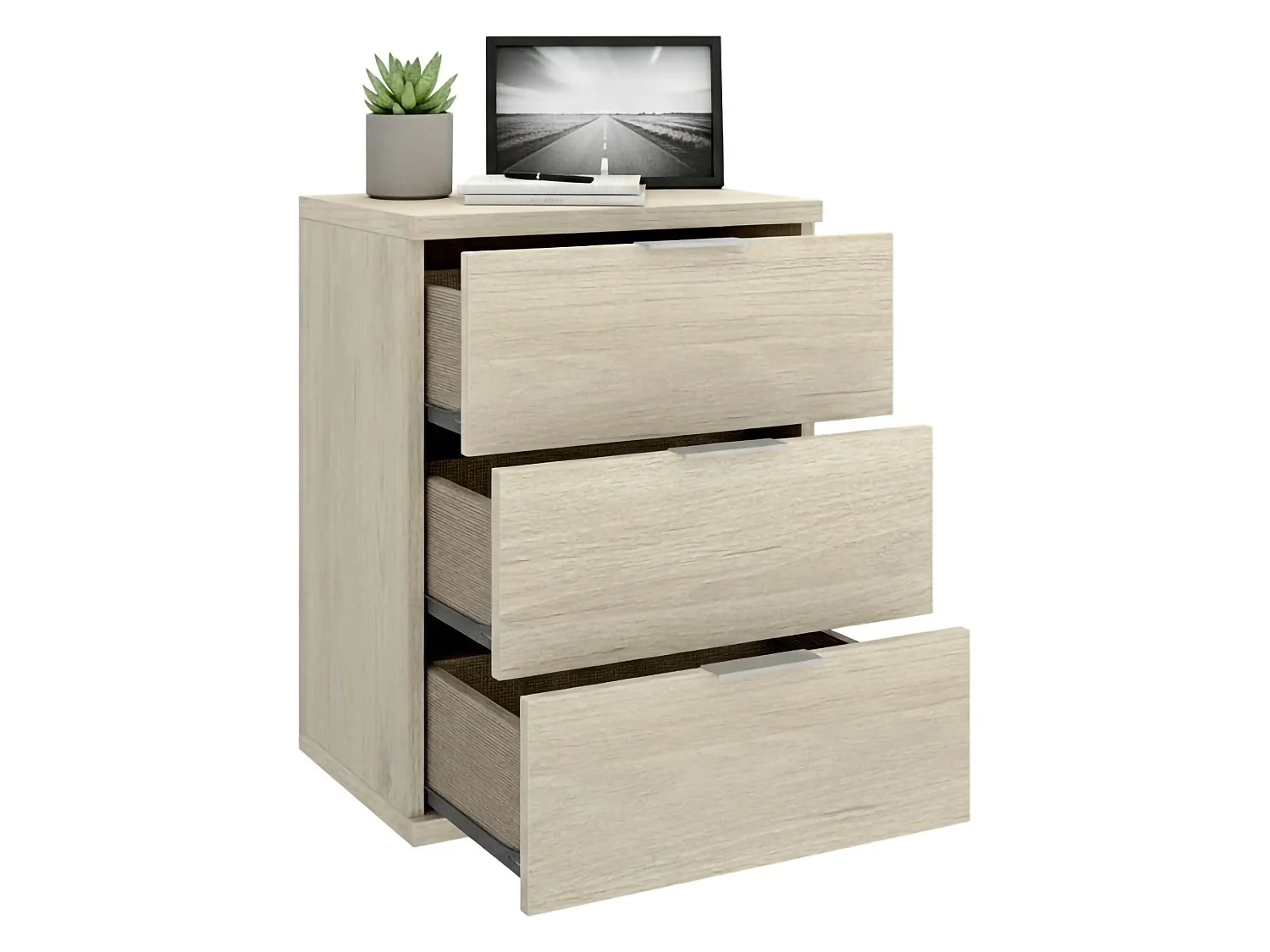 Comodino Sturgis, 3 Cassetti, 34x42x57h cm Marrone Rovere, un Ripiano, Piedini abs Antirumore e Antigraffio