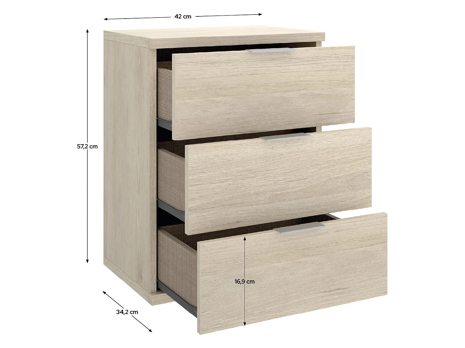Comodino Sturgis, 3 Cassetti, 34x42x57h cm Marrone Rovere, un Ripiano, Piedini abs Antirumore e Antigraffio