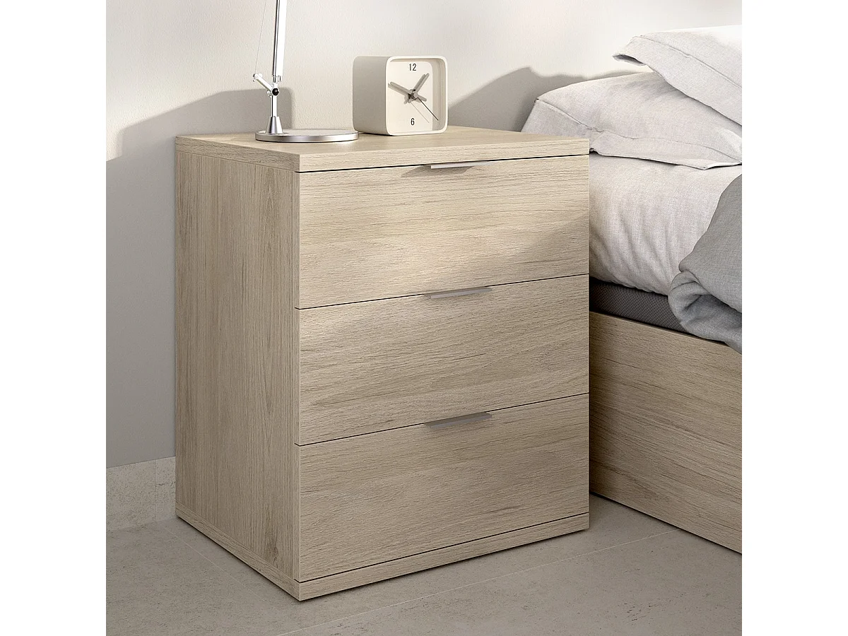 Comodino Sturgis, 3 Cassetti, 34x42x57h cm Marrone Rovere, un Ripiano, Piedini abs Antirumore e Antigraffio