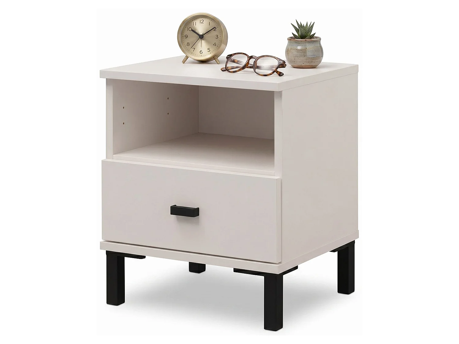 Comodino Ghadam, un Cassetto, 39x35x45h cm Bianco Crema, 2 Ripiani, Apertura Scorrevole