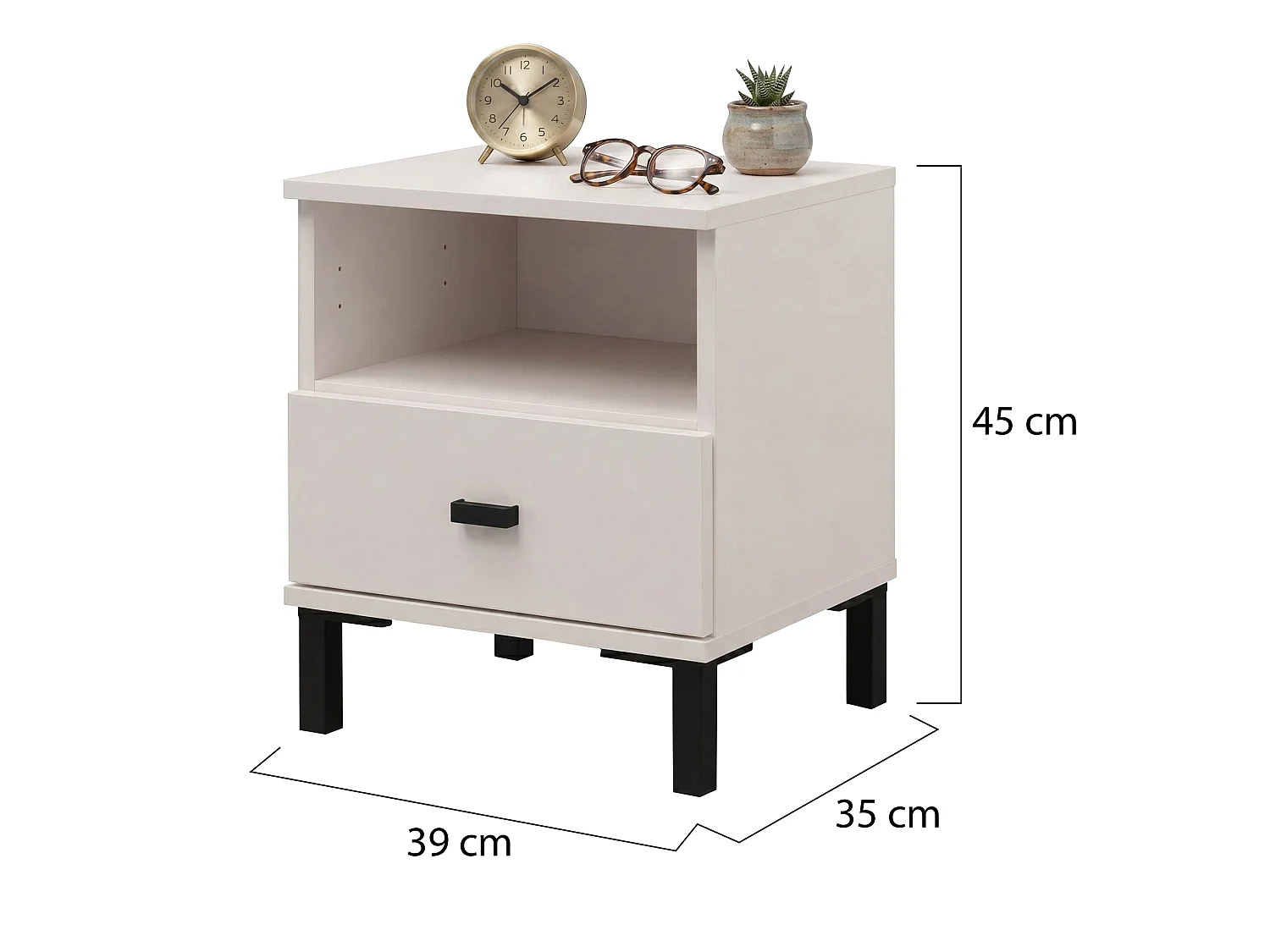 Comodino Ghadam, un Cassetto, 39x35x45h cm Bianco Crema, 2 Ripiani, Apertura Scorrevole