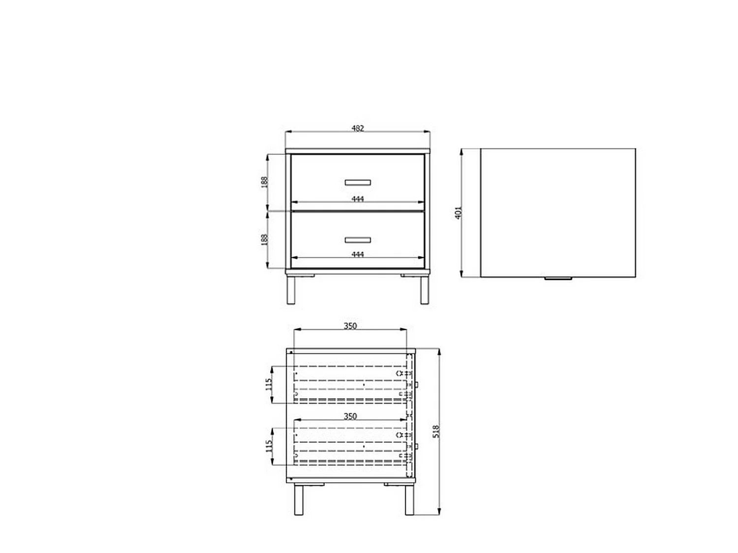 Comodino Piea, 2 Cassetti, 48x40x52h cm Marrone Rovere, un Ripiano, Apertura Scorrevole