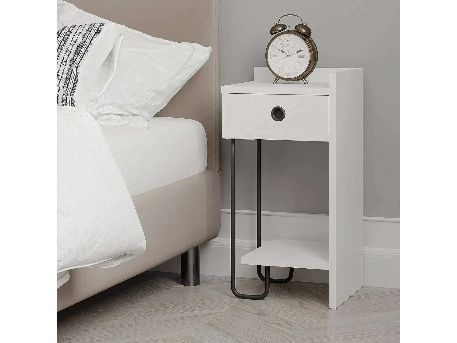 Comodino Halola, 2 Ripiani, 32x30x61h cm Bianco, un Cassetto, Apertura Scorrevole