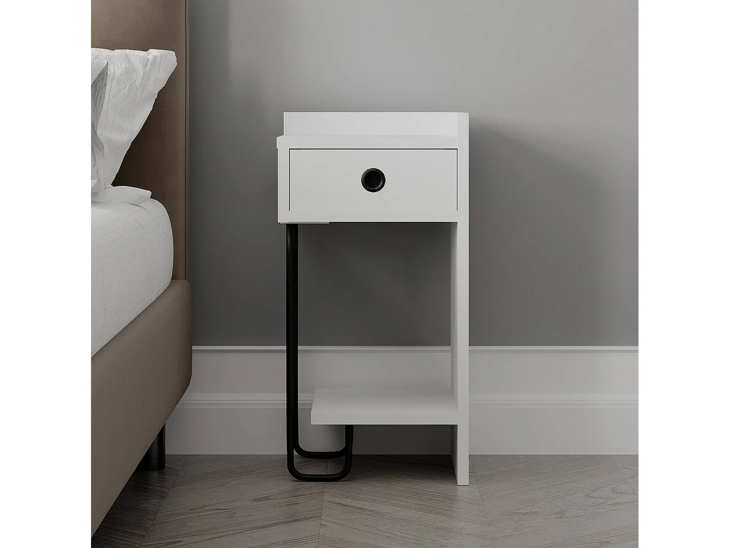 Comodino Halola, 2 Ripiani, 32x30x61h cm Bianco, un Cassetto, Apertura Scorrevole