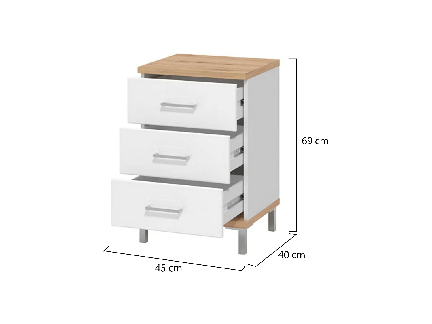 Comodino Savino, 3 Cassetti, 45x40x69h cm Bianco, un Ripiano, Apertura Scorrevole