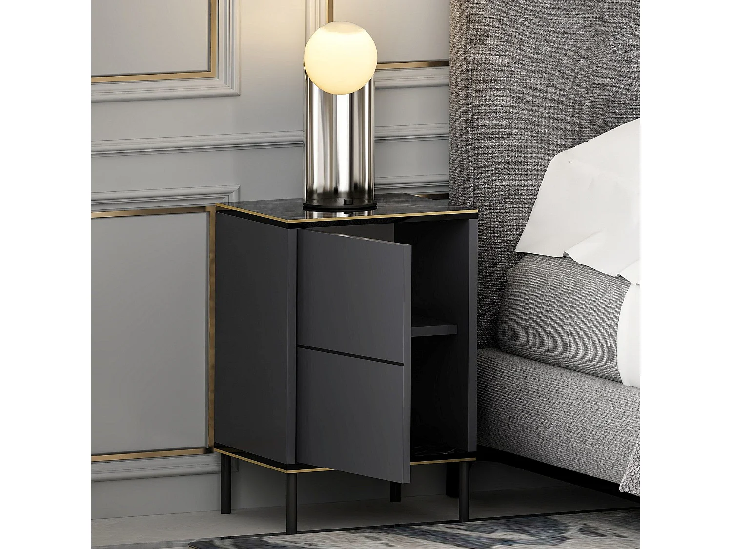 Comodino Vestone, un Ripiano, 40x35x60h cm Nero Antracite, Apertura Battente, Un'anta