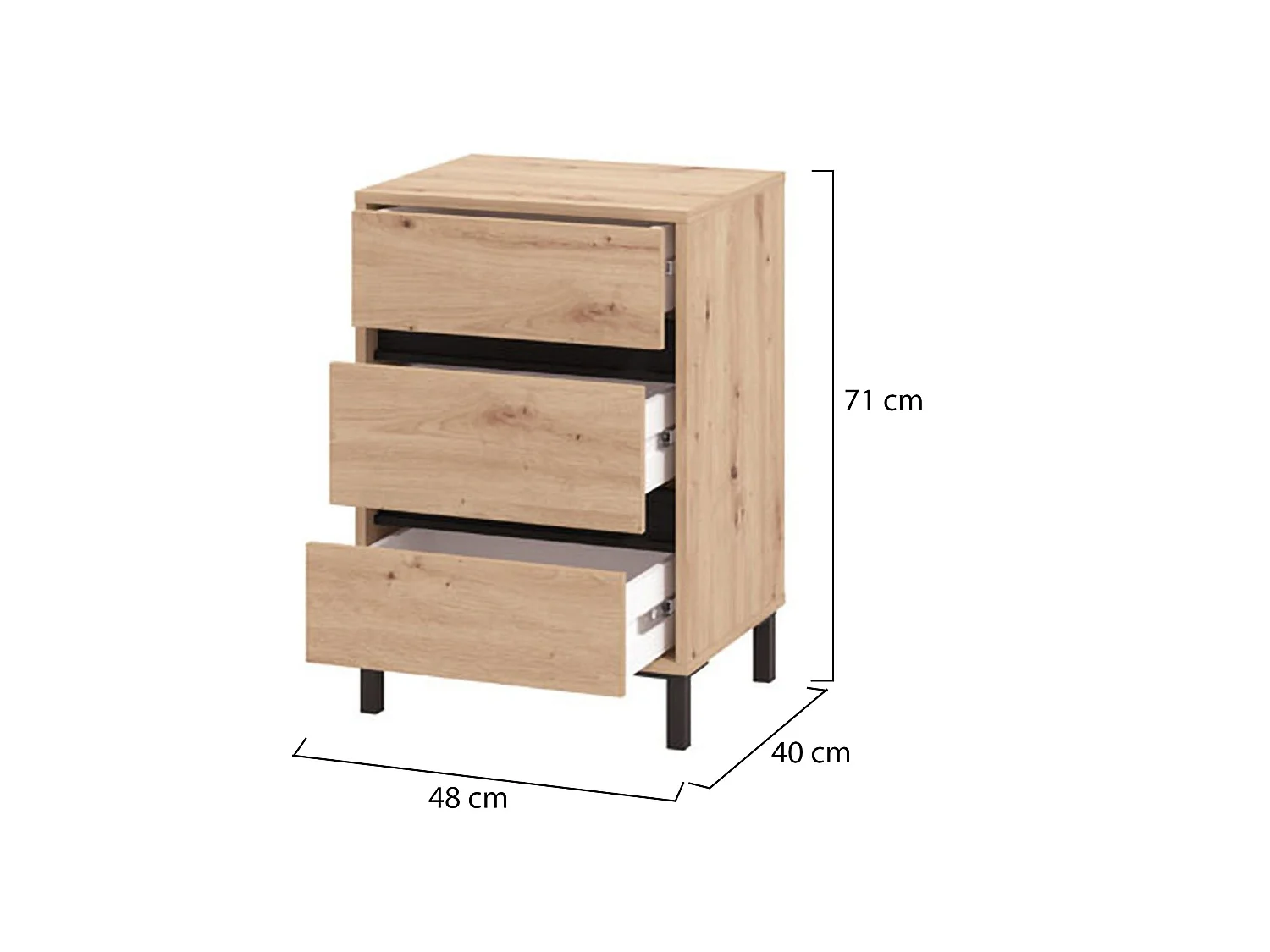 Comodino Combatte, un Ripiano, 48x40x71h cm Marrone, 3 Cassetti, Apertura Scorrevole