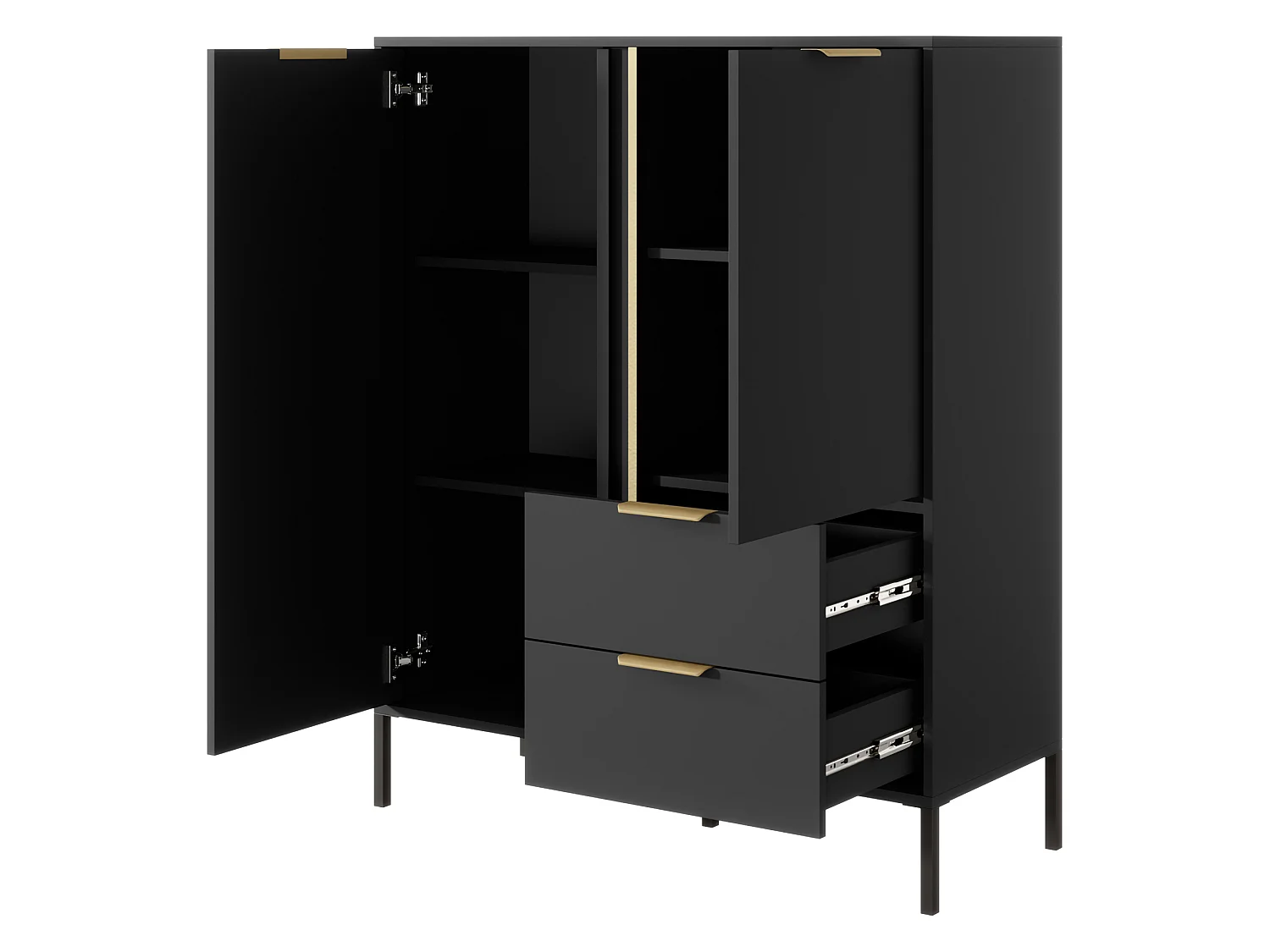 Credenza Hameno, 2 Cassetti, 103x40x123h cm Nero Antracite, Madia, 3 Ripiani, Apertura Battente, Scorrevole