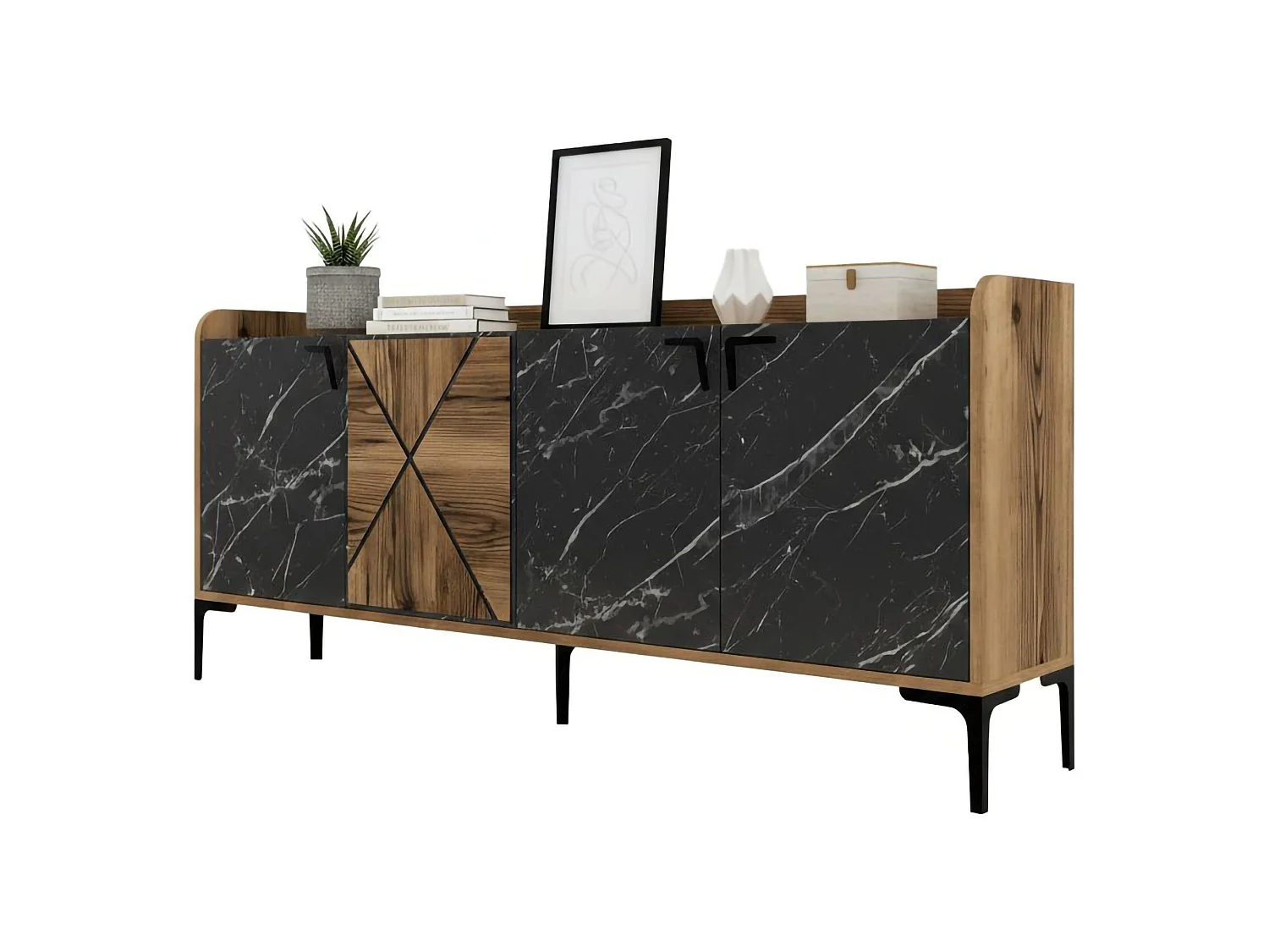 Sideboard Fay, 2 Ablagen, 180x35x79h cm Nussbraun, Anrichte, Drehtüren, 3 Türen