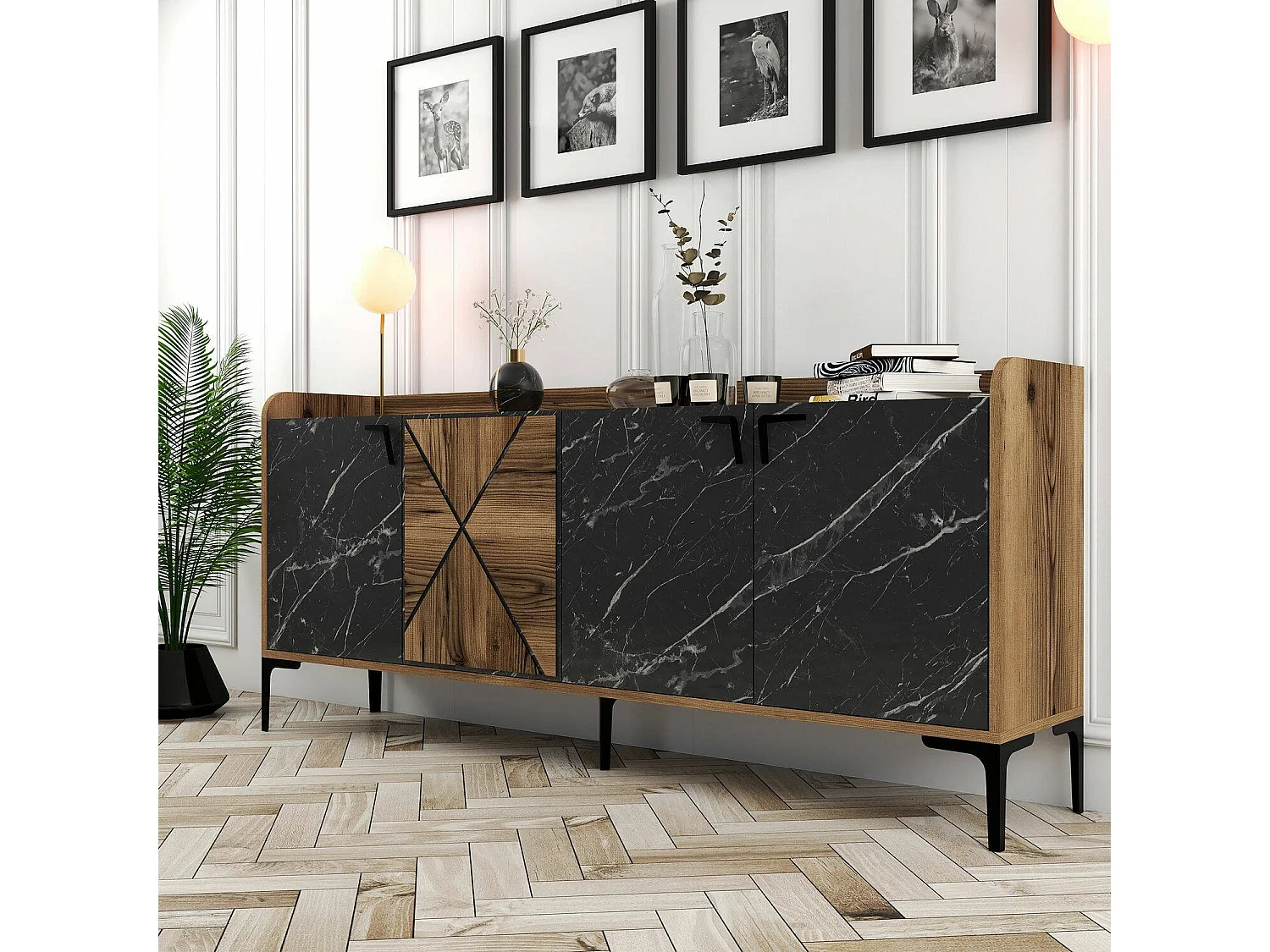 Sideboard Fay, 2 Ablagen, 180x35x79h cm Nussbraun, Anrichte, Drehtüren, 3 Türen