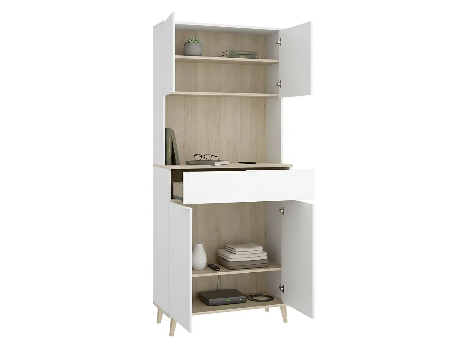 Credenza Findlay, un Cassetto, 40x60x191h cm Bianco, Madia, 4 Ripiani, Apertura Battente, Scorrevole