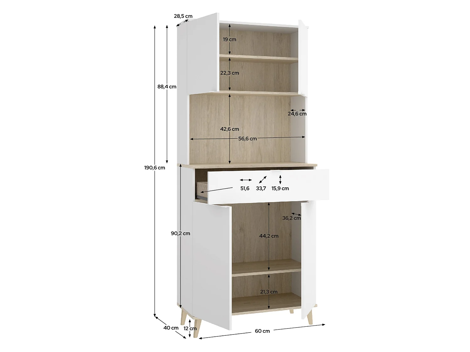 Credenza Findlay, un Cassetto, 40x60x191h cm Bianco, Madia, 4 Ripiani, Apertura Battente, Scorrevole