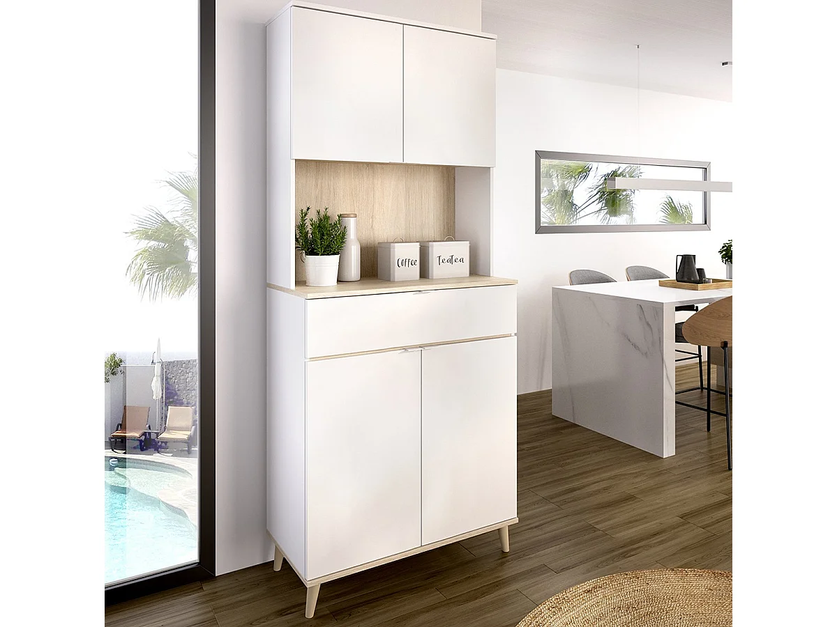 Credenza Findlay, un Cassetto, 40x60x191h cm Bianco, Madia, 4 Ripiani, Apertura Battente, Scorrevole