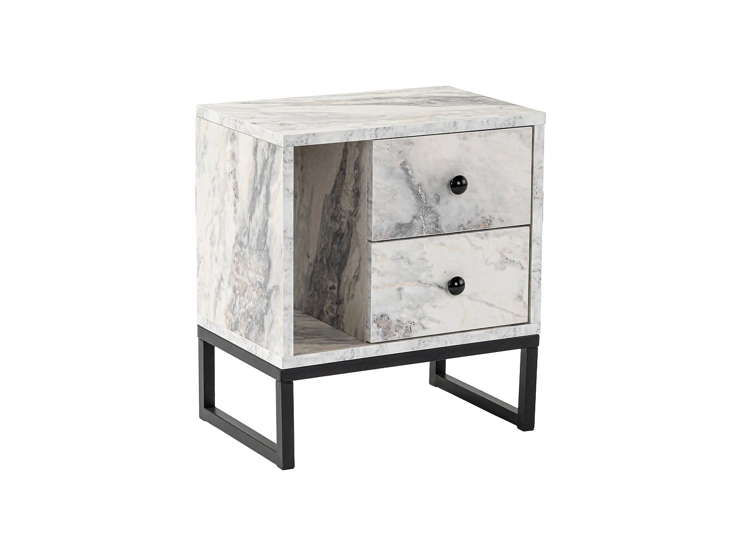 Nachtkastje Rhiannon, 2 lades, 45x30x50h cm wit marmer, 1 legplank, schuifopening