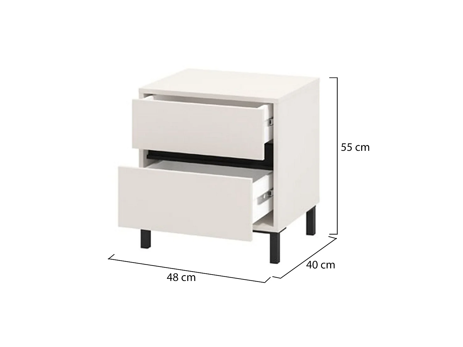 Comodino Combatte, un Ripiano, 48x40x55h cm Bianco, 2 Cassetti, Apertura Scorrevole