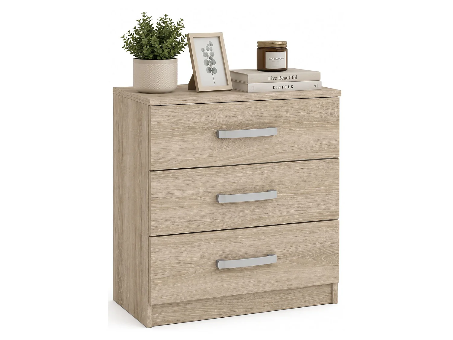 Comodino Lebale, 3 Cassetti, 46x43x59h cm Marrone Rovere, Apertura Scorrevole, Chiusura Scorrevole