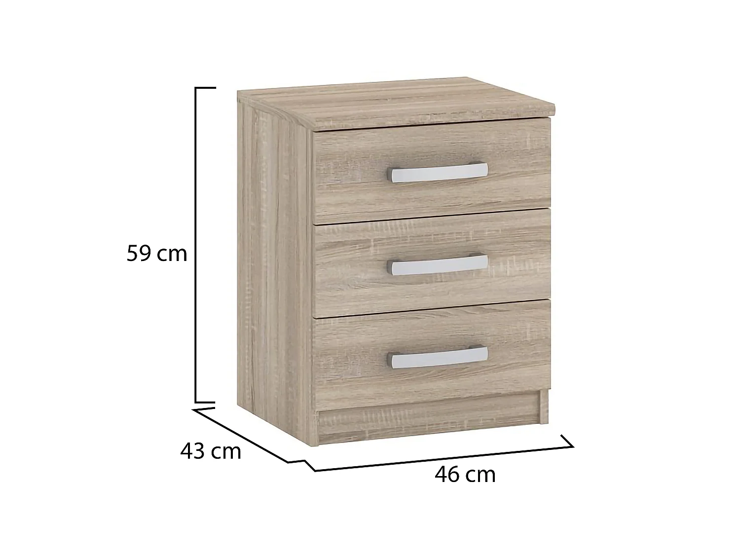 Comodino Lebale, 3 Cassetti, 46x43x59h cm Marrone Rovere, Apertura Scorrevole, Chiusura Scorrevole