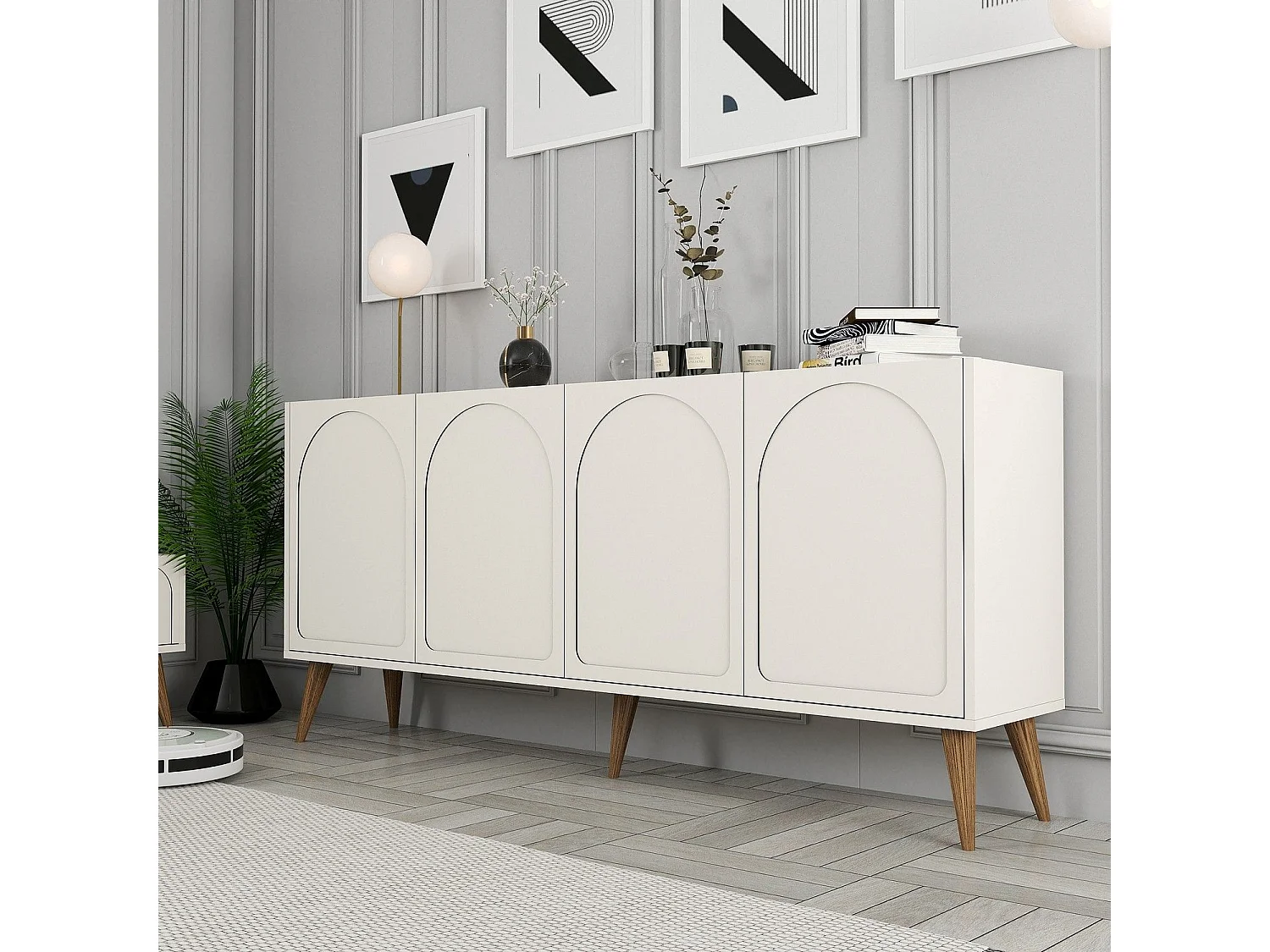Credenza Niscemi, 2 Ripiani, 180x35x81h cm Bianco Crema, Madia, 4 Ante, 4 Vani