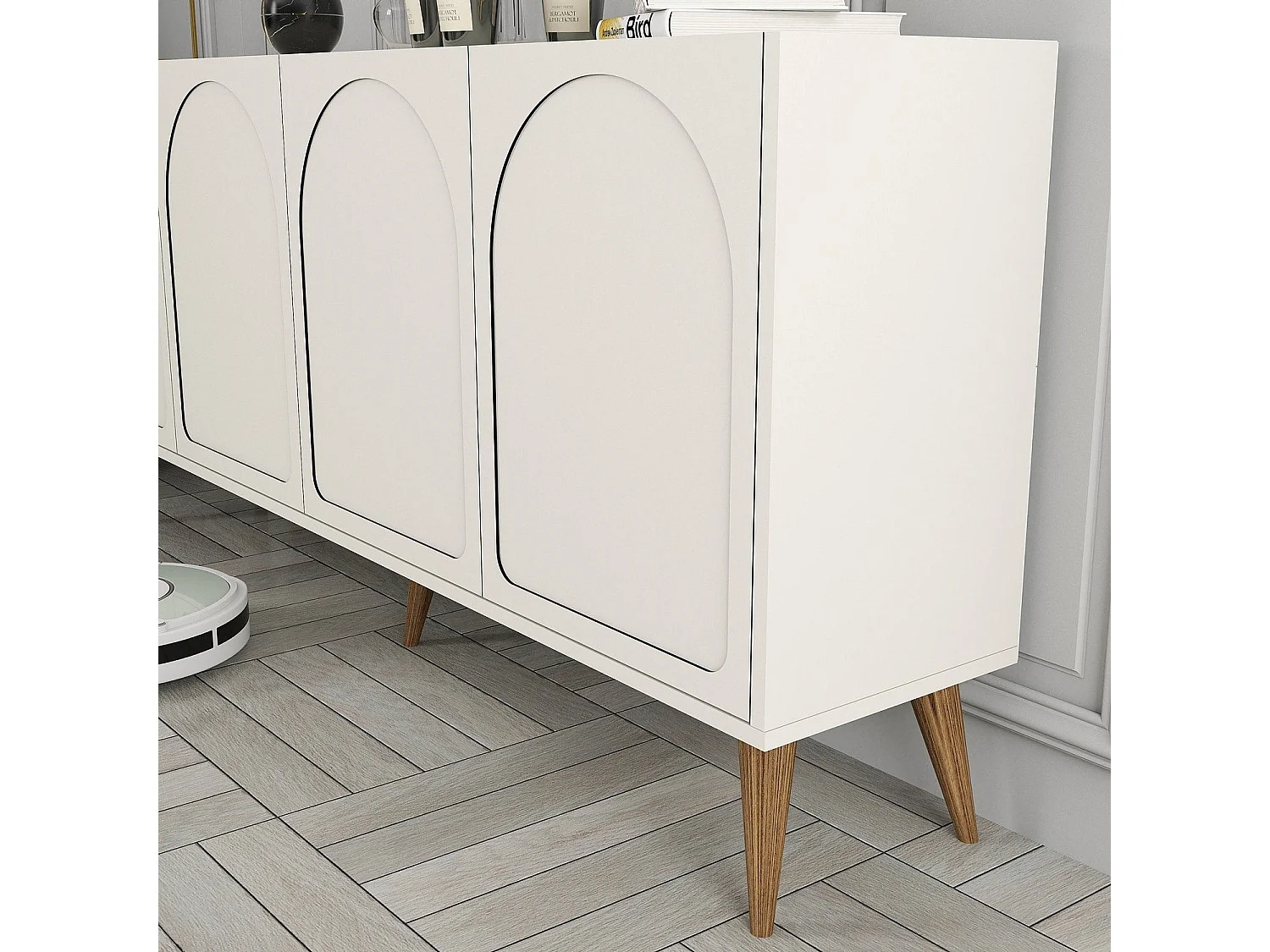 Credenza Niscemi, 2 Ripiani, 180x35x81h cm Bianco Crema, Madia, 4 Ante, 4 Vani