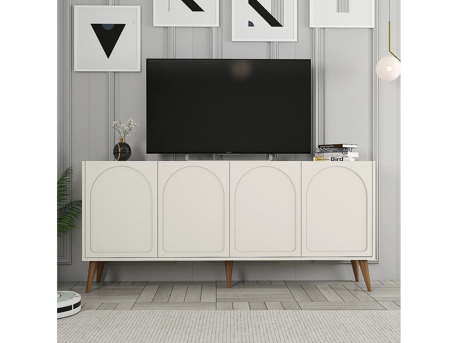 Credenza Niscemi, 2 Ripiani, 180x35x81h cm Bianco Crema, Madia, 4 Ante, 4 Vani
