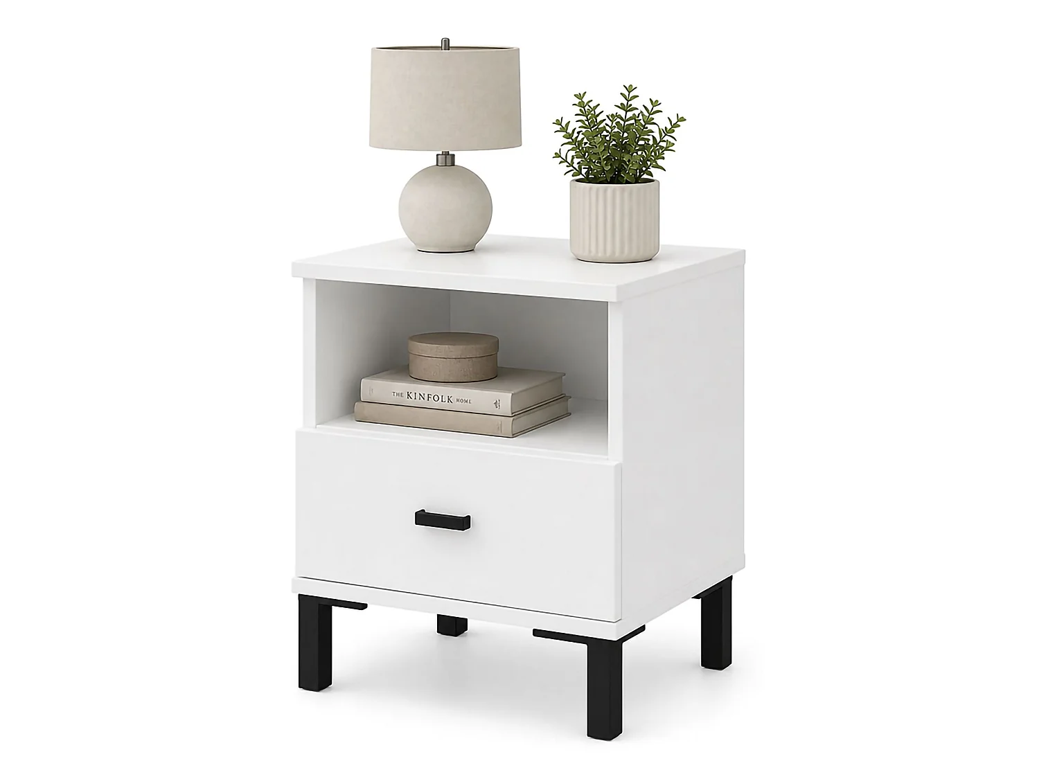 Comodino Jinja, un Cassetto, 39x35x45h cm Bianco Opaco, 2 Ripiani, Apertura Scorrevole