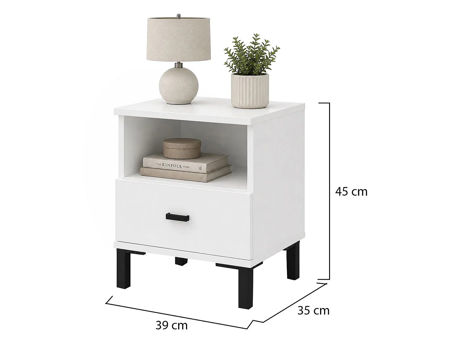 Comodino Jinja, un Cassetto, 39x35x45h cm Bianco Opaco, 2 Ripiani, Apertura Scorrevole