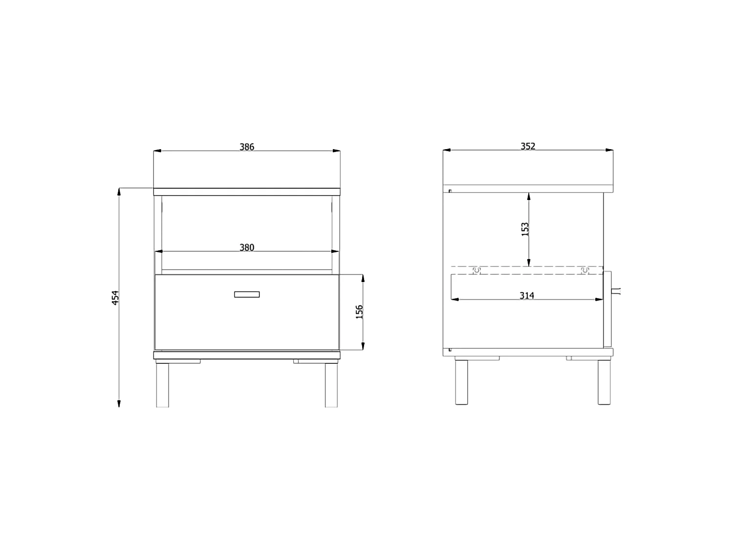Comodino Jinja, un Cassetto, 39x35x45h cm Bianco Opaco, 2 Ripiani, Apertura Scorrevole