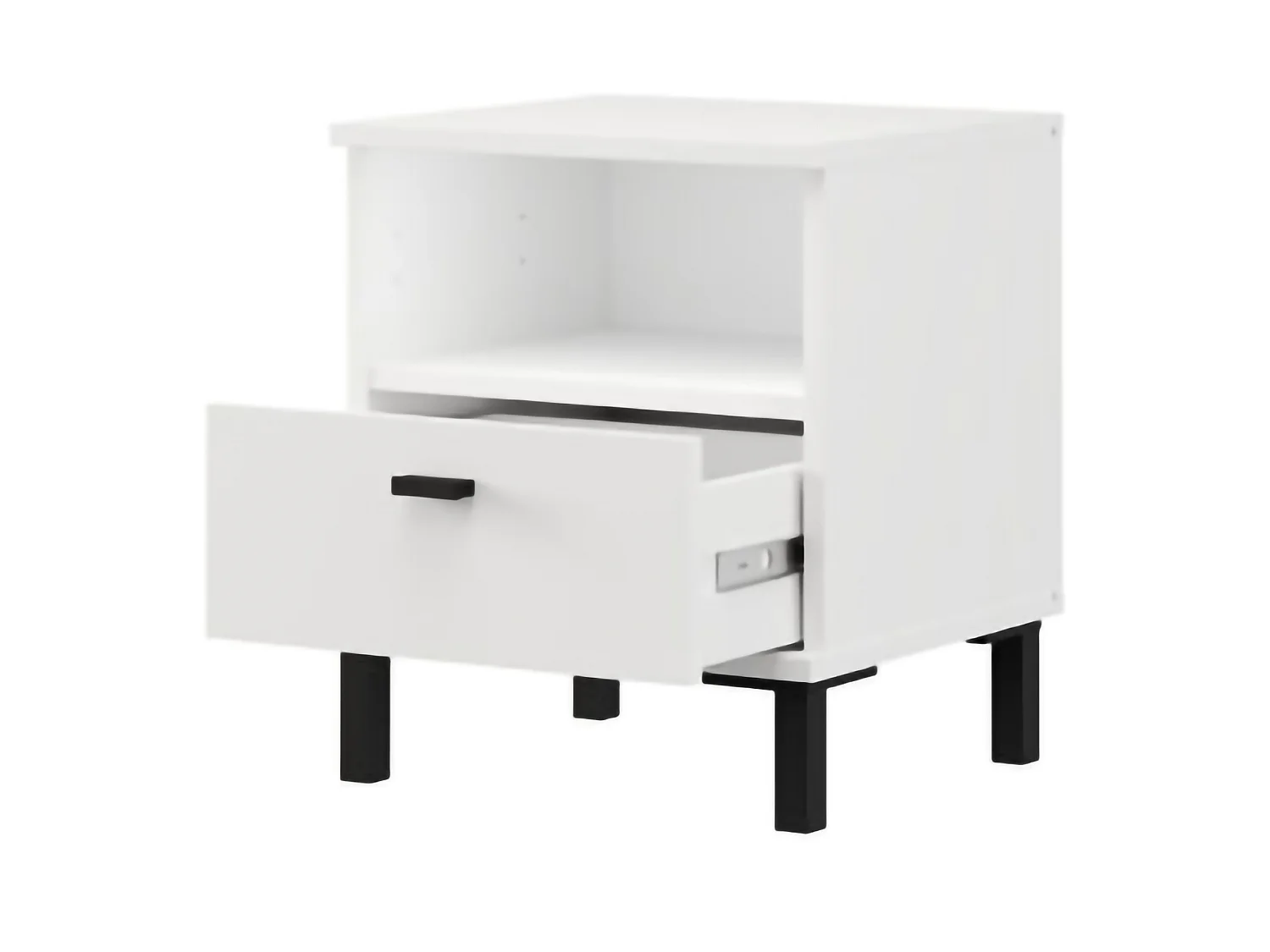 Comodino Jinja, un Cassetto, 39x35x45h cm Bianco Opaco, 2 Ripiani, Apertura Scorrevole