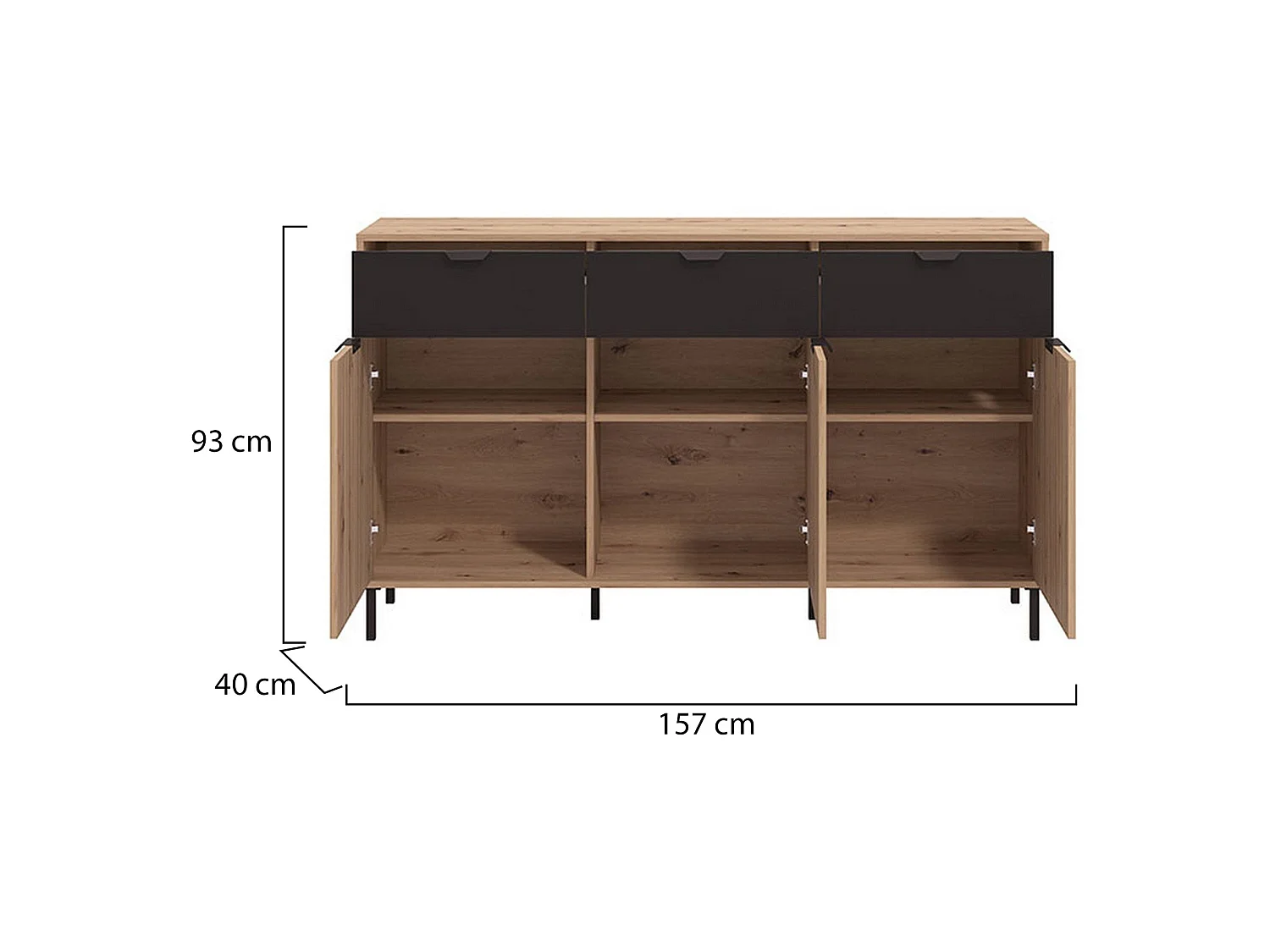 Buffet Robbio, 3 tiroirs, 157x40x93h cm Chêne Nodé Marron, Enfilade, 3 étagères, Portes Battantes, Coulissantes