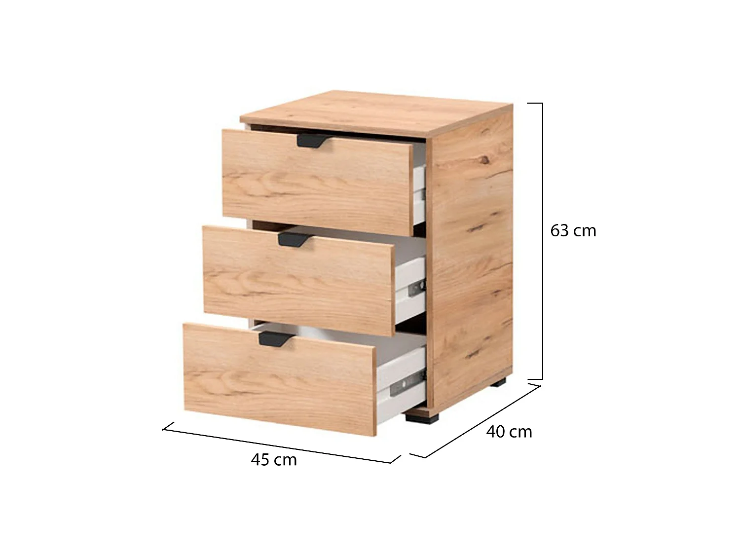 Comodino Talana, 3 Cassetti, 45x40x63h cm Marrone Rovere Nodi, un Ripiano, Apertura Scorrevole
