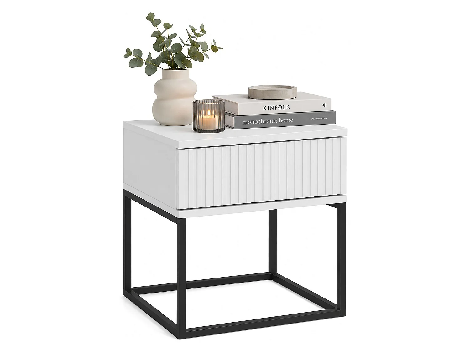 Comodino Lelalaha, un Cassetto, 40x39x52h cm Bianco, un Ripiano, Apertura Scorrevole
