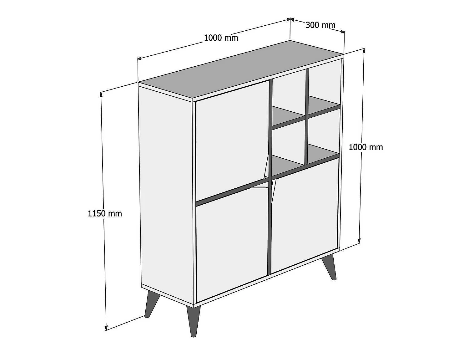 Credenza Londra, 3 Ripiani, 100x30x115h cm Bianco, Madia, 3 Ante, 8 Vani