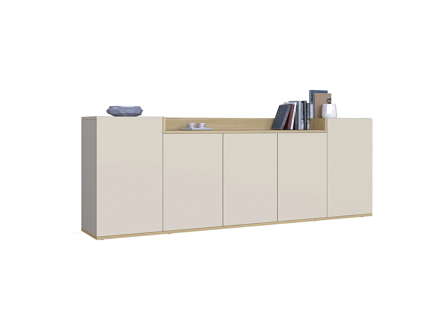 Credenza Cordele, 7 Ripiani Made in Italy, 200x35x70h cm Bianco Cashmere, Madia, Apertura Battente, 5 Ante