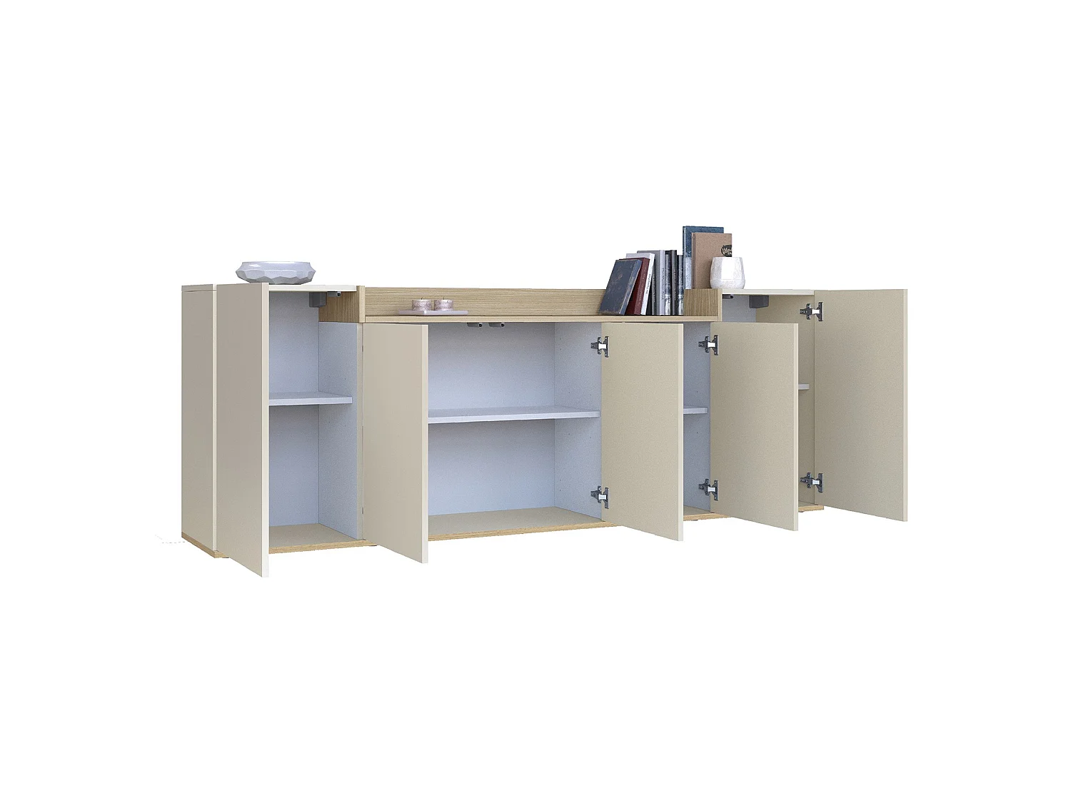 Credenza Cordele, 7 Ripiani Made in Italy, 200x35x70h cm Bianco Cashmere, Madia, Apertura Battente, 5 Ante
