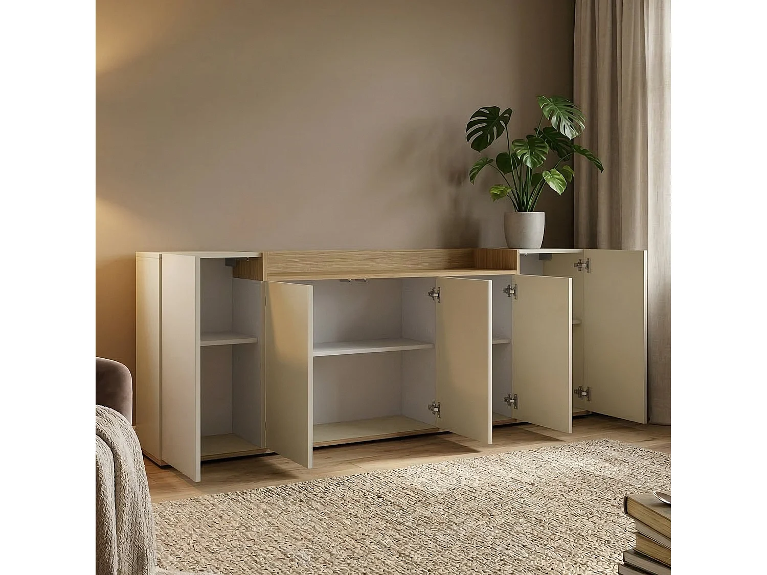 Credenza Cordele, 7 Ripiani Made in Italy, 200x35x70h cm Bianco Cashmere, Madia, Apertura Battente, 5 Ante