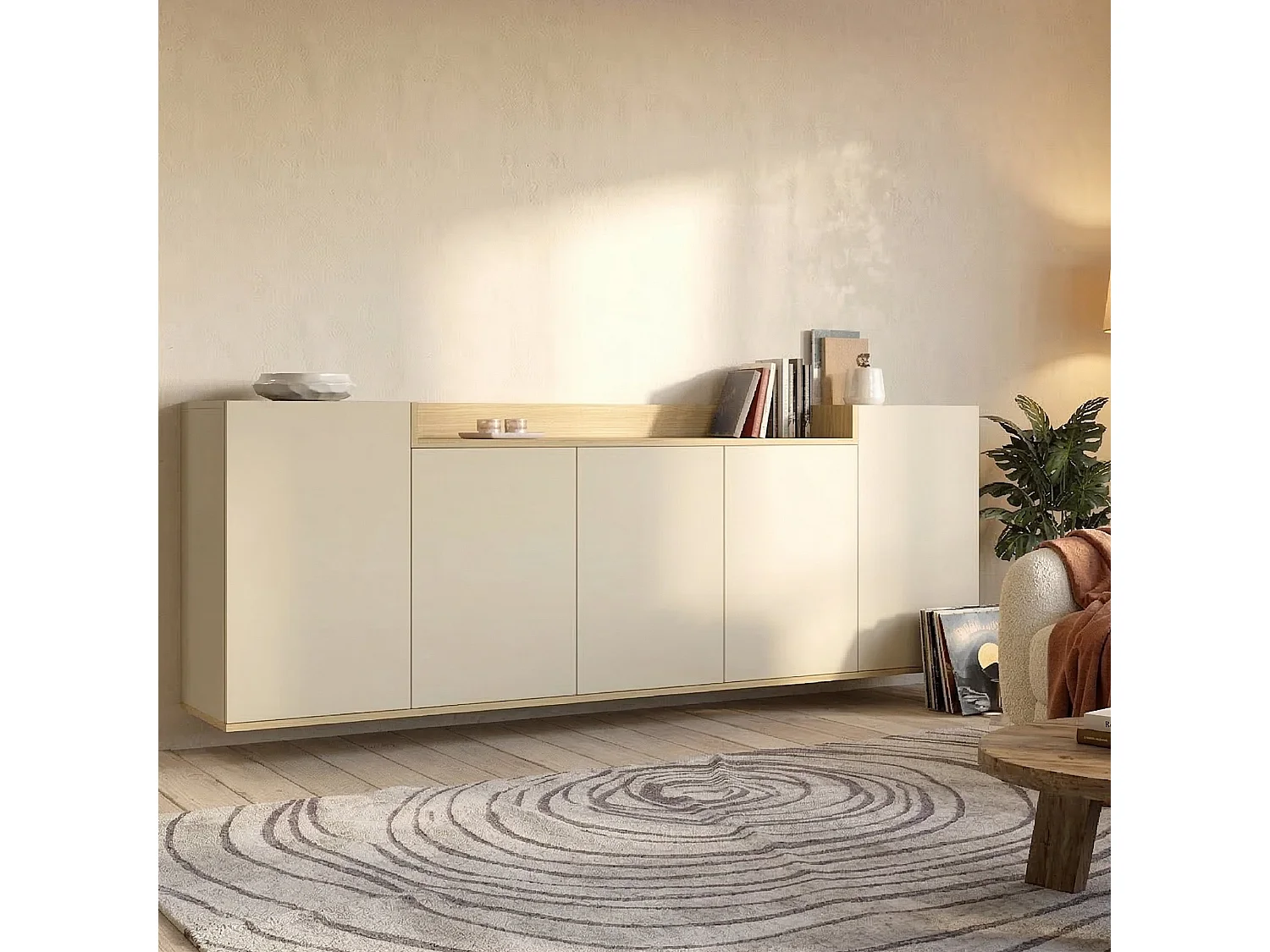 Credenza Cordele, 7 Ripiani Made in Italy, 200x35x70h cm Bianco Cashmere, Madia, Apertura Battente, 5 Ante