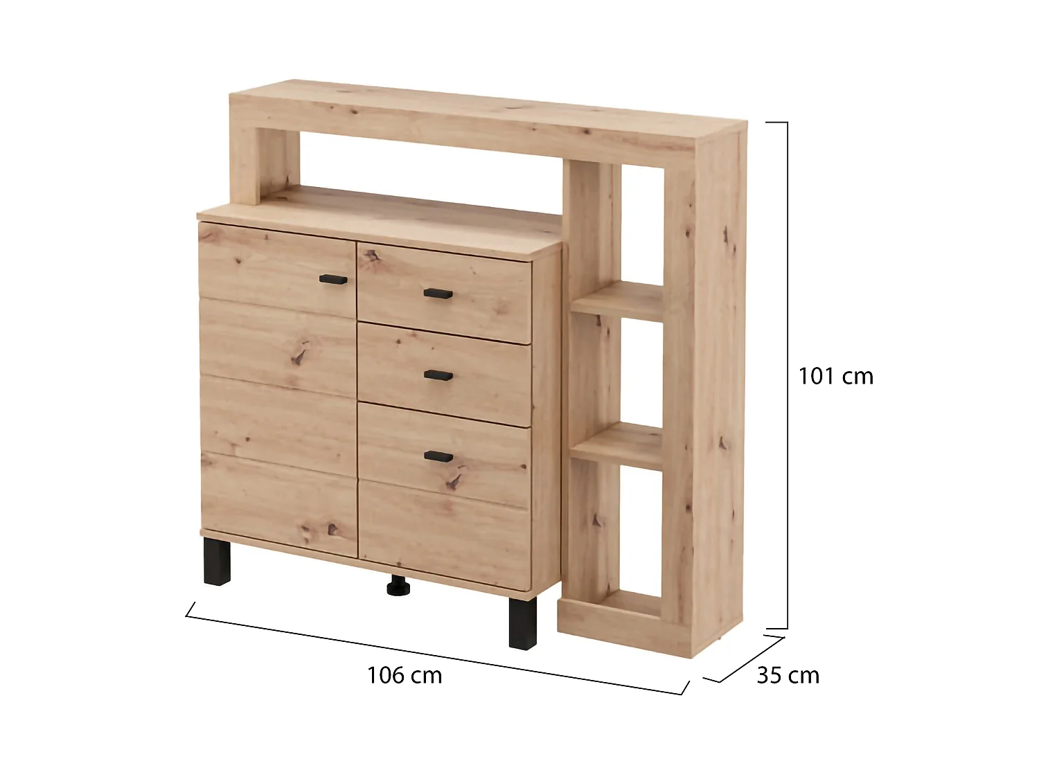 Credenza Coloni, 3 Cassetti, 106x35x101h cm Marrone Rovere Nodi, Madia, 4 Ripiani, Apertura Battente, Scorrevole