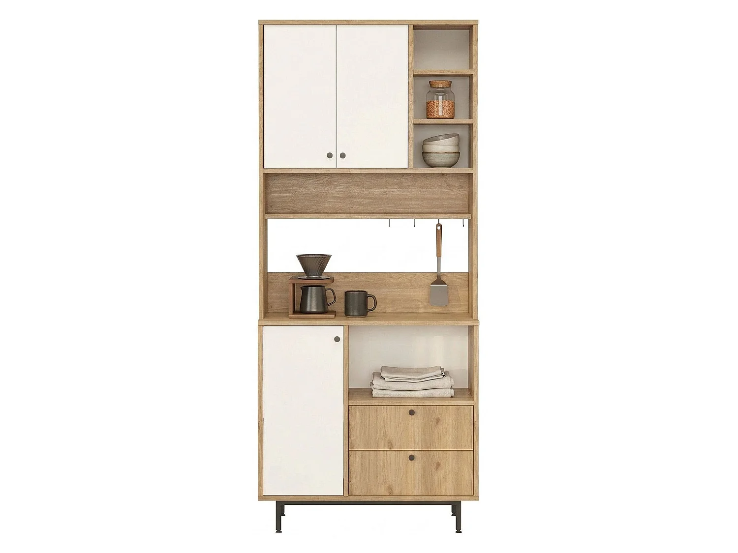 Credenza Romallo, 2 Cassetti, 88x36x205h cm Marrone Rovere, Madia, 8 Ripiani, Apertura Battente, Scorrevole