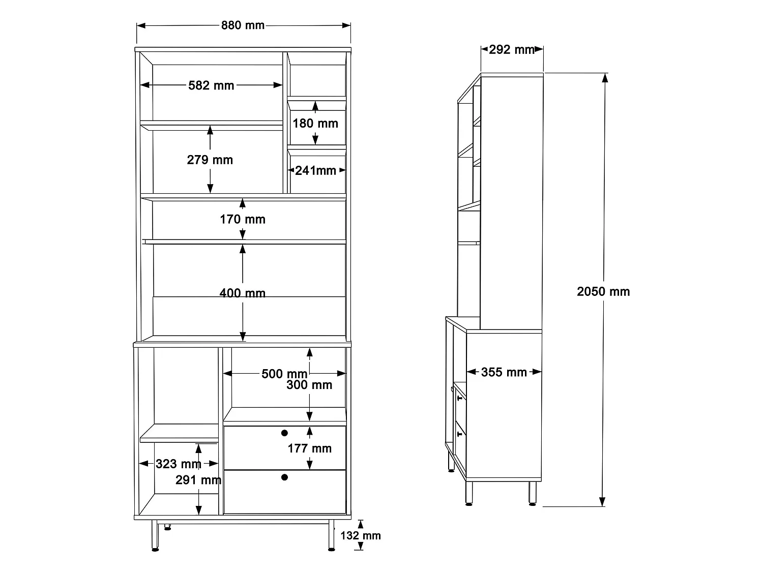 Credenza Romallo, 2 Cassetti, 88x36x205h cm Marrone Rovere, Madia, 8 Ripiani, Apertura Battente, Scorrevole