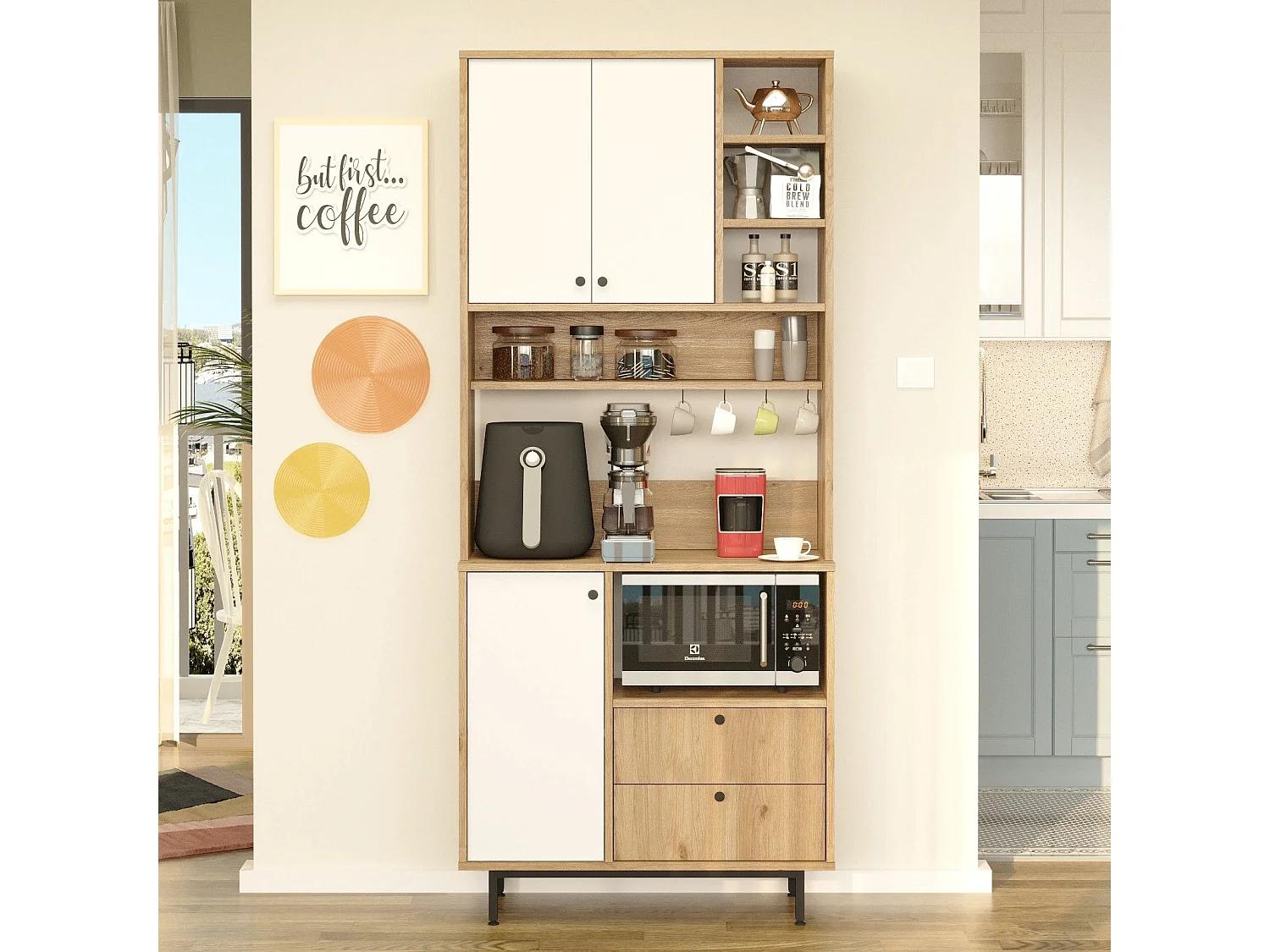 Credenza Romallo, 2 Cassetti, 88x36x205h cm Marrone Rovere, Madia, 8 Ripiani, Apertura Battente, Scorrevole