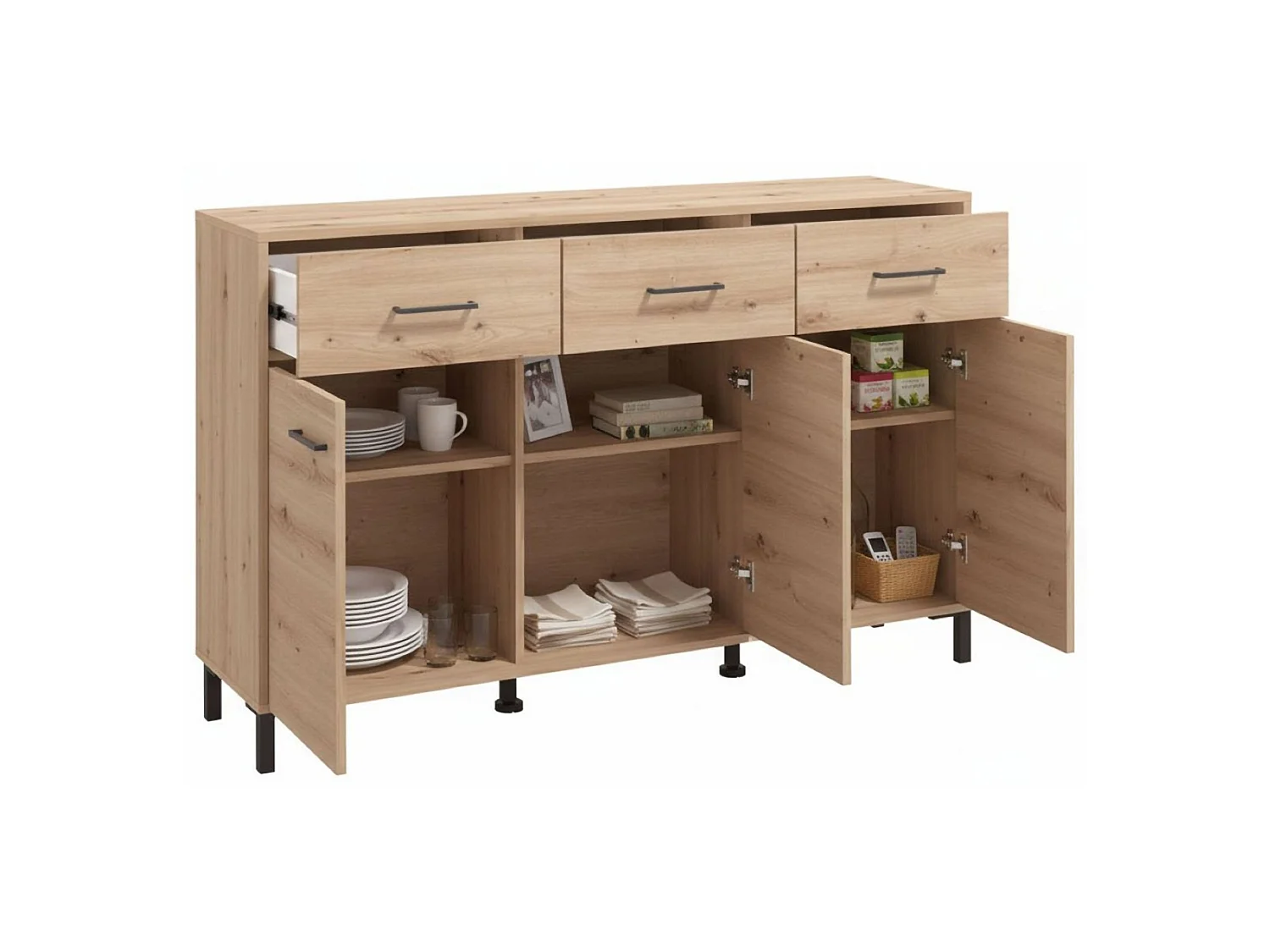 Kommode Laerru, 3 Schubladen, 138x40x90h cm, Eiche Nussbaum, Anrichte, 3 Böden, Flügeltür, Schiebetür