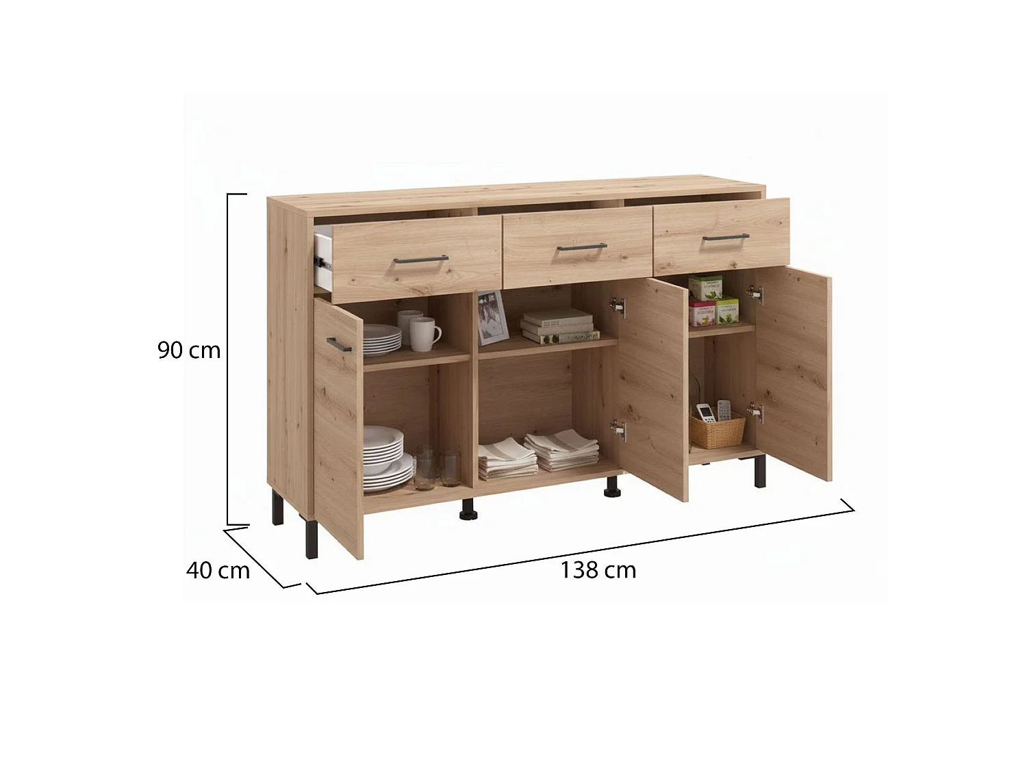 Kommode Laerru, 3 Schubladen, 138x40x90h cm, Eiche Nussbaum, Anrichte, 3 Böden, Flügeltür, Schiebetür